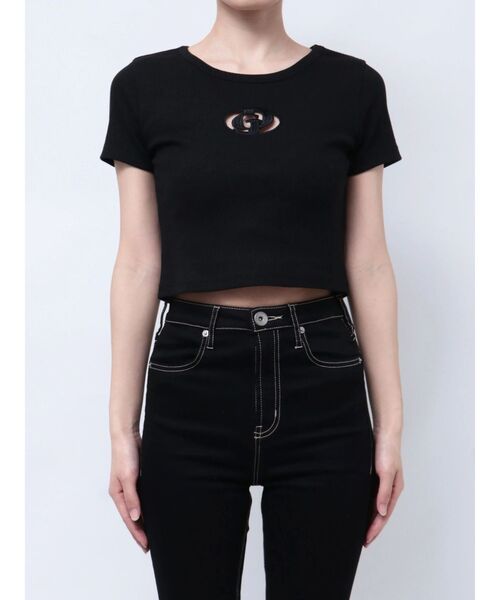 GYDA(ジェイダ)の「GDカットアウトハーフスリーブテレコトップス(Tシャツ/カットソー・レディース・ブラック/ライム/ピンク/オフホワイト・FREE)」の5枚目の写真