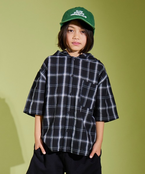 PAIRMANON STREET(ペアマノンストリート)の「【PAIRMANON STREET】フード付き 半袖 オーバーサイズ チェックシャツ(シャツ/ブラウス・キッズ・ブラック/ブラウン/ホワイト・110/130/100/150/90/160/140/120)」の6枚目の写真