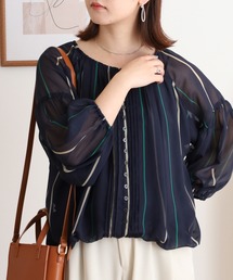 EGLANTINE 【セットアップ対応】シフォンプリントバルーンブラウス フロントボタン 7分袖シアー