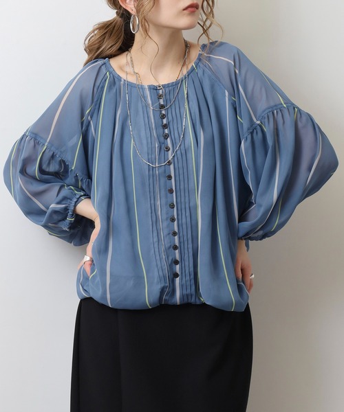 EGLANTINE（エグランティーヌ）の「EGLANTINE 【セットアップ対応】シフォンプリントバルーンブラウス フロントボタン 7分袖シアー（シャツ/ブラウス・レディース・ベージュ/ブルー/ネイビー・40）」の15枚目の写真