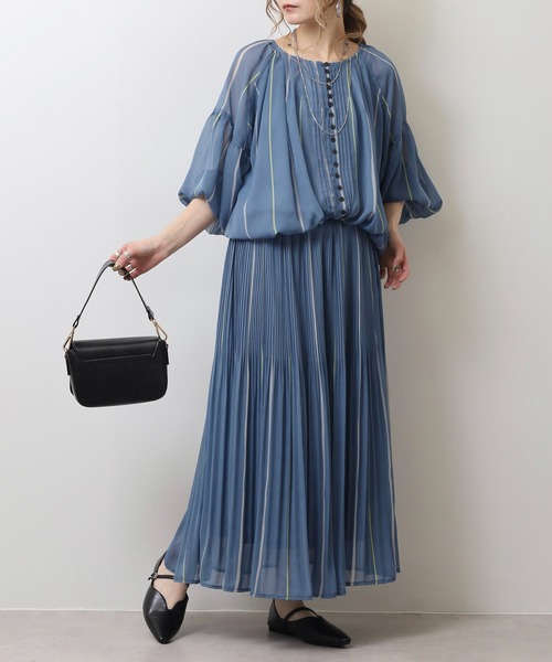 EGLANTINE（エグランティーヌ）の「EGLANTINE 【セットアップ対応】シフォンプリントバルーンブラウス フロントボタン 7分袖シアー（シャツ/ブラウス・レディース・ベージュ/ブルー/ネイビー・40）」の18枚目の写真