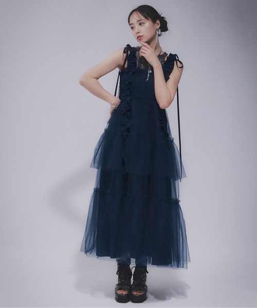 HALE ロングフリルギャザーリボンワンピース ネイビー ロングフリルギャザーリボンワンピース(HARE)（ワンピース