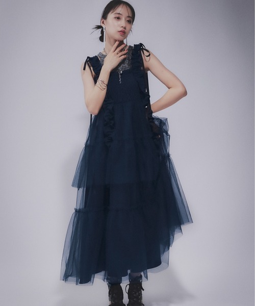 HALE ロングフリルギャザーリボンワンピース ネイビー セール】ロングフリルギャザーリボンワンピース(HARE