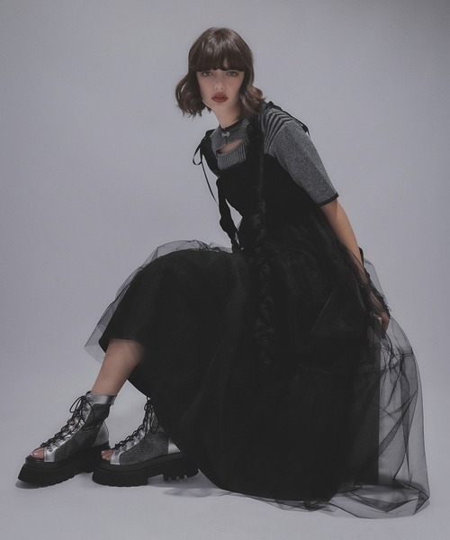 HALE ロングフリルギャザーリボンワンピース ネイビー セール】ロングフリルギャザーリボンワンピース(HARE