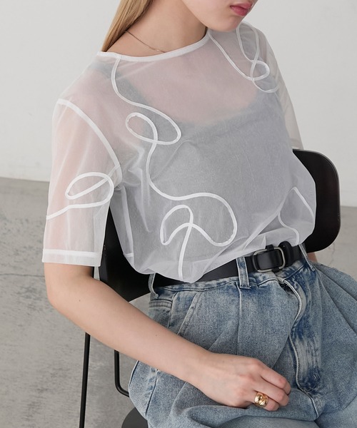 tシャツ 「WEB限定」フロントシアーロゴ刺繍カットソー レディース forksy. tシャツ 「forksy.」ニュアンス柄コード刺繍シアー