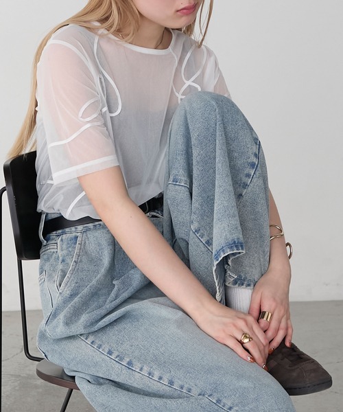 forksy.】ニュアンス柄コード刺繍シアー半袖Tシャツ forksy