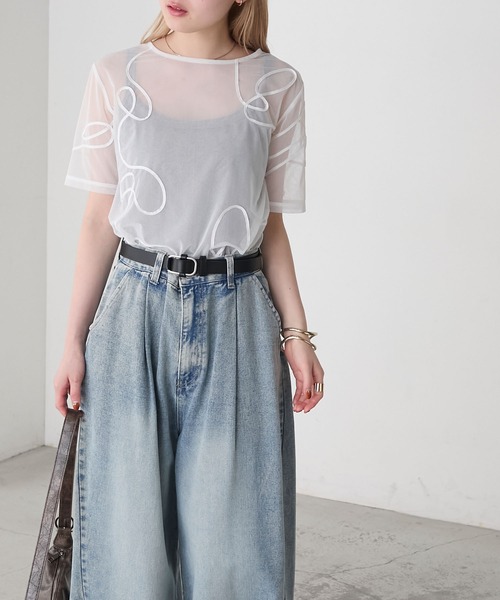 小物 Sii forksy.】ニュアンス柄コード刺繍シアー半袖Tシャツ forksy