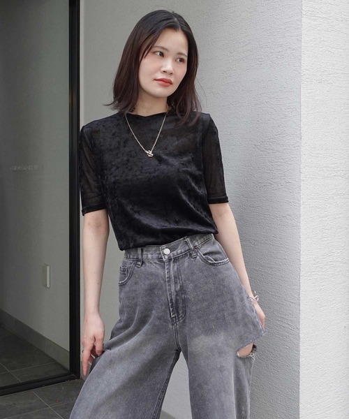 CORNERS(コーナーズ)の「シアーベロアハーフスリーブTシャツ(Tシャツ/カットソー・レディース・ブラック/グレー/ブラウン/ベージュ系その他・M)」の15枚目の写真