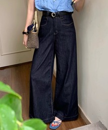 Lace Ladies（レースレディース）の「ハイウエスト 裾ステッチ フレア ワイド デニム パンツ（デニムパンツ）」