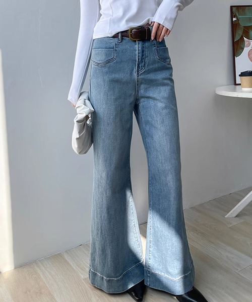 Lace Ladies（レースレディース）の「ハイウエスト 裾ステッチ フレア ワイド デニム パンツ（デニムパンツ・レディース・ネイビー/ブルー・S/M/L/XL）」の3枚目の写真