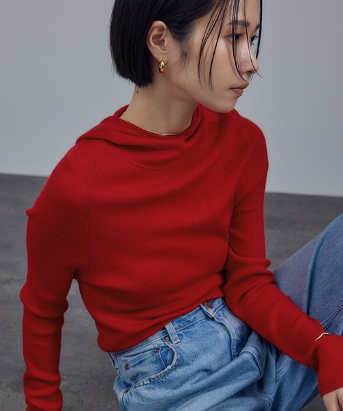 SALON adam et rope'(サロン アダム エ ロペ)の「ハイゲージリブニットフードプルオーバー / イージーケア(ニット/セーター・レディース・レッド/ダークブラウン/オフホワイト・FREE)」の3枚目の写真