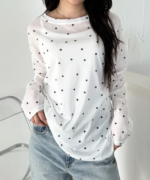CLEA(クレア)の「ドットプリント長袖トップス(Tシャツ/カットソー・レディース・グレー/ブラック/ホワイト・FREE)」の1枚目の写真