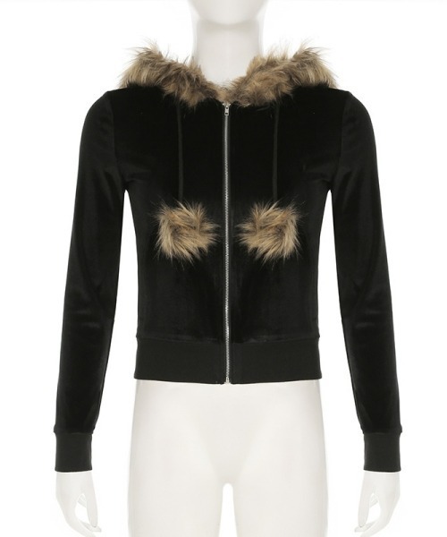 Y2Kガーリー】ファー付きベルベットクロップドパーカー（パーカー