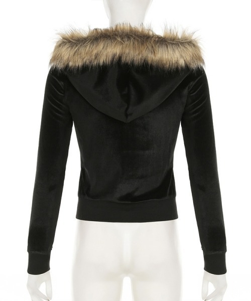 黒のファー付きクロップドパーカー パンク Y2K セール】【Y2Kガーリー】ファー付きベルベットクロップドパーカー