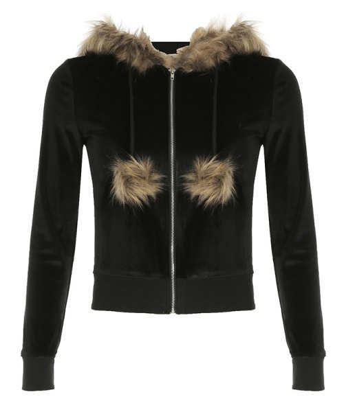 黒のファー付きクロップドパーカー パンク Y2K セール】【Y2Kガーリー】ファー付きベルベットクロップドパーカー