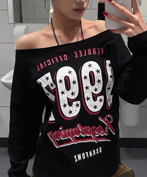 Sibra(シブラ)の「【2色展開】オフショル×星柄ロゴプリントロンT/Y2Kカジュアルトップス(Tシャツ/カットソー・レディース・ブラック/ホワイト・M)」の15枚目の写真