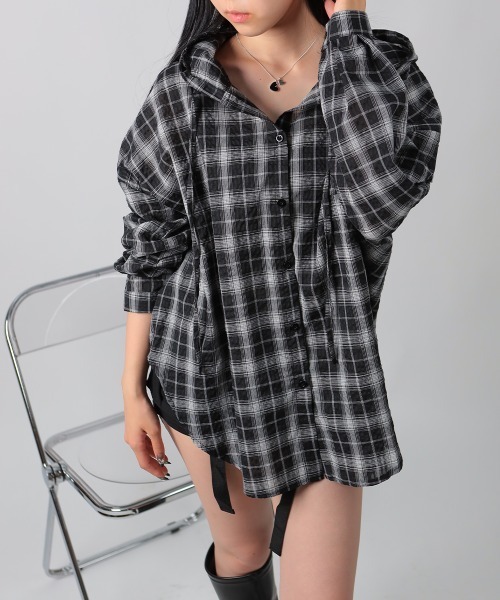 VIVID LADY(ビビッドレディー)の「フード付きチェック柄オーバーサイズシャツ(シャツ/ブラウス・レディース・アイボリー/ブラック・FREE)」の21枚目の写真