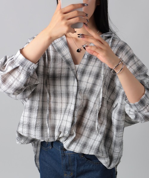 VIVID LADY(ビビッドレディー)の「フード付きチェック柄オーバーサイズシャツ(シャツ/ブラウス・レディース・アイボリー/ブラック・FREE)」の13枚目の写真