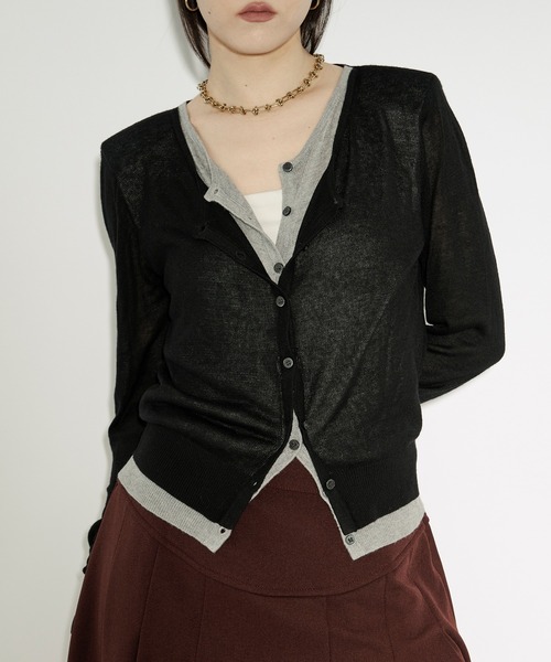 Ezick(エジック)の「bi-color sheer cardigan レイヤードシアーニットカーディガン(カーディガン/ボレロ・レディース・ネイビー/チャコールグレー/ブラック/ライトグレー・FREE)」の8枚目の写真