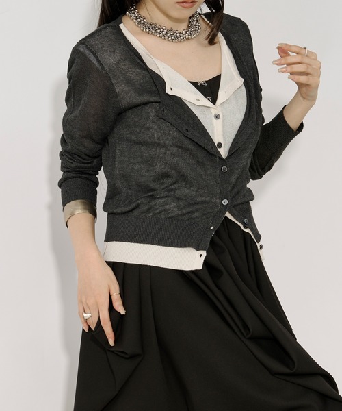 Ezick（エジック）の「bi-color sheer cardigan レイヤードシアーニットカーディガン（カーディガン/ボレロ・レディース・ネイビー/チャコールグレー・FREE）」の9枚目の写真