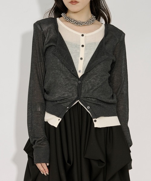 Ezick（エジック）の「bi-color sheer cardigan レイヤードシアーニットカーディガン（カーディガン/ボレロ・レディース・ネイビー/チャコールグレー・FREE）」の10枚目の写真