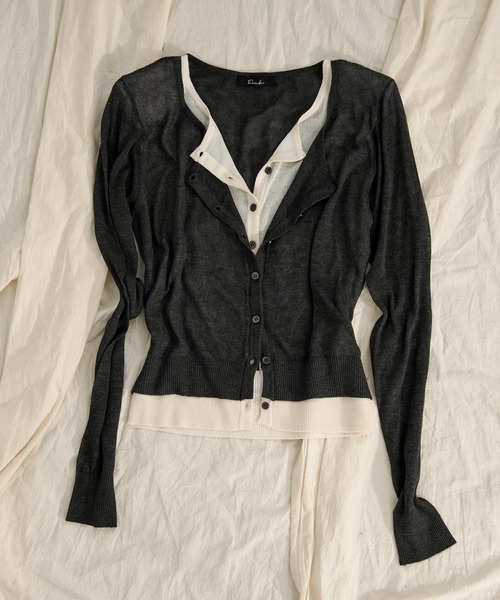 透け感のある黒カーディガン bi-color sheer cardigan レイヤードシアーニットカーディガン