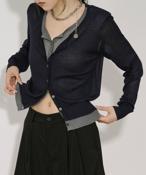 透け感のある黒カーディガン bi-color sheer cardigan レイヤードシアーニットカーディガン