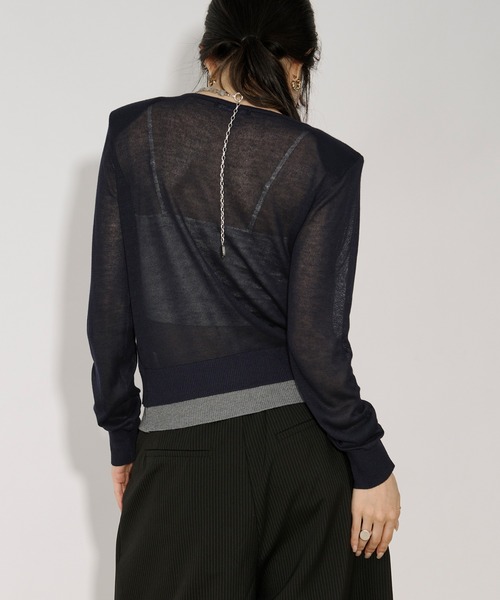 Ezick（エジック）の「bi-color sheer cardigan レイヤードシアーニットカーディガン（カーディガン/ボレロ・レディース・ネイビー/チャコールグレー・FREE）」の10枚目の写真