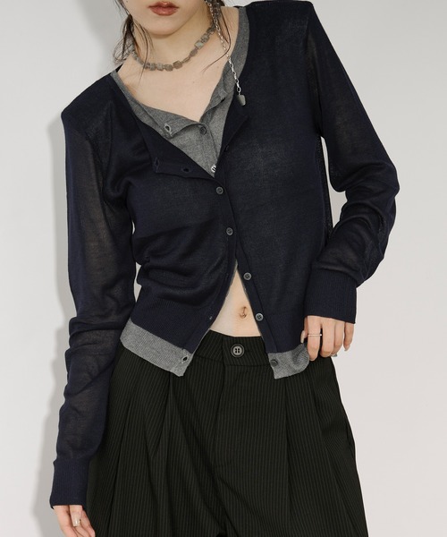 bi-color sheer cardigan レイヤードシアーニットカーディガン