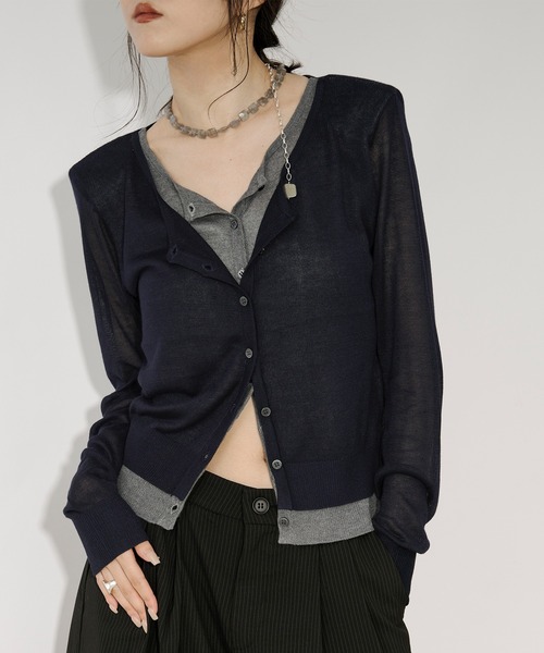 bi-color sheer cardigan レイヤードシアーニットカーディガン