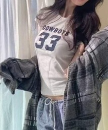 Vini（ヴィニ）の「【Vini】ナンバープリント ストレッチ ミニT（Tシャツ/カットソー）」