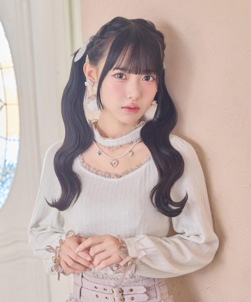 セール】デコルテ開きネックレスチェーン付きテレコトップス（Tシャツ