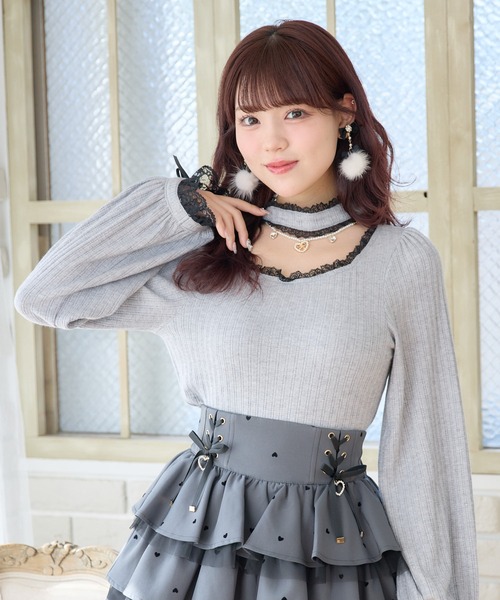 セール】デコルテ開きネックレスチェーン付きテレコトップス（Tシャツ