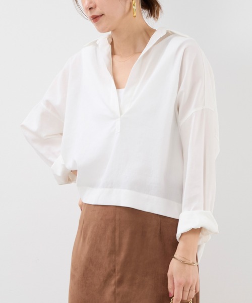 MICA&DEAL（マイカ＆ディール）の「スキッパークロップドシアーブラウス（シャツ/ブラウス・レディース・ブルーグレー/ブラック/ホワイト/ブラウン・FREE）」の5枚目の写真