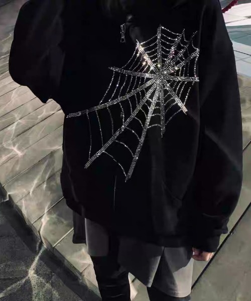 ACE　スパンコール付き蜘蛛の巣パーカー S ViViDAY パーカー 蜘蛛の巣柄ストーンスウェットパーカー レディース