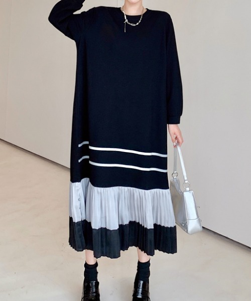 Aelina（エリナ）の「クルーネック配色長袖ワンピース（ワンピース・レディース・ブラック・XL/L/XXL）」の15枚目の写真