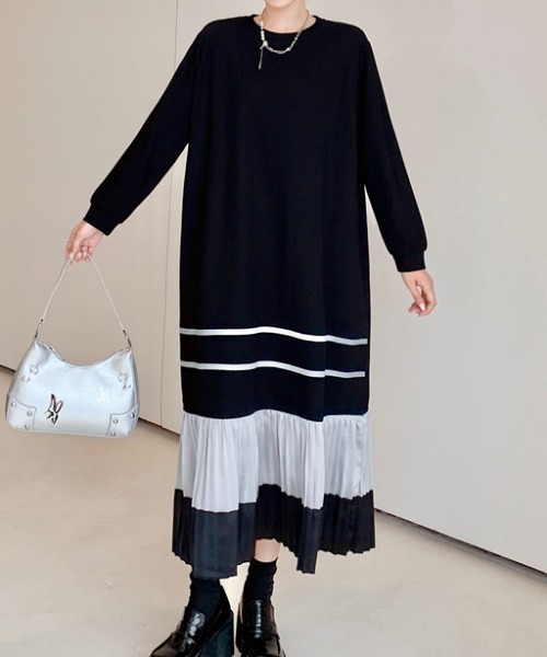 Aelina（エリナ）の「クルーネック配色長袖ワンピース（ワンピース・レディース・ブラック・XL/L/XXL）」の9枚目の写真