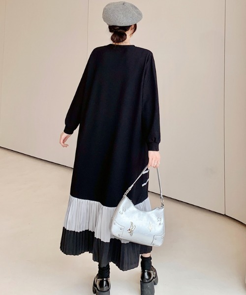 Aelina（エリナ）の「クルーネック配色長袖ワンピース（ワンピース・レディース・ブラック・XL/L/XXL）」の12枚目の写真