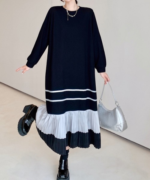Aelina（エリナ）の「クルーネック配色長袖ワンピース（ワンピース・レディース・ブラック・XL/L/XXL）」の10枚目の写真