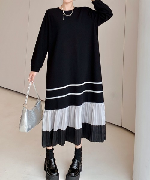 Aelina（エリナ）の「クルーネック配色長袖ワンピース（ワンピース・レディース・ブラック・XL/L/XXL）」の13枚目の写真