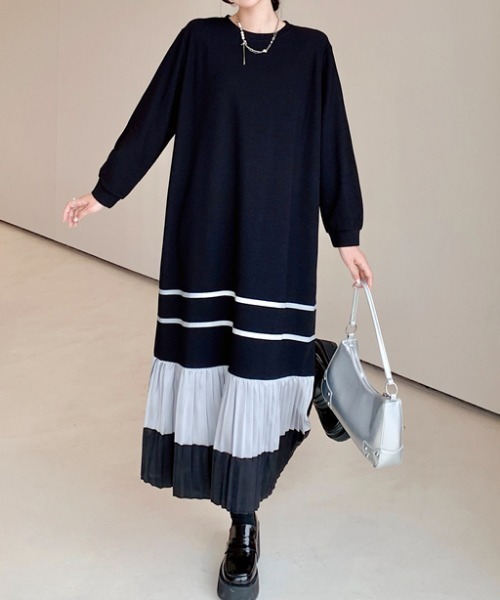 Aelina（エリナ）の「クルーネック配色長袖ワンピース（ワンピース・レディース・ブラック・XL/L/XXL）」の14枚目の写真