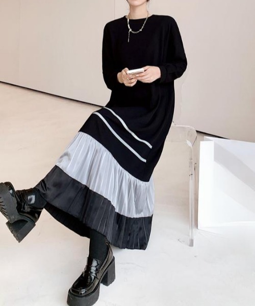 Aelina（エリナ）の「クルーネック配色長袖ワンピース（ワンピース・レディース・ブラック・XL/L/XXL）」の8枚目の写真