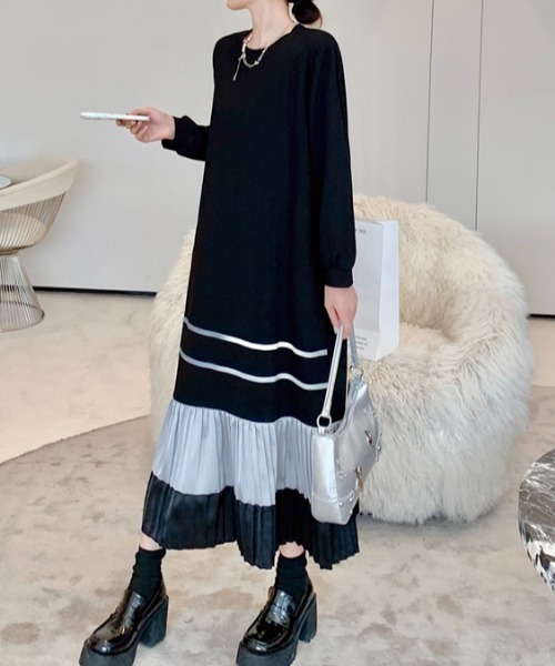 Aelina（エリナ）の「クルーネック配色長袖ワンピース（ワンピース・レディース・ブラック・XL/L/XXL）」の6枚目の写真