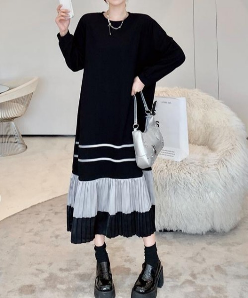 Aelina（エリナ）の「クルーネック配色長袖ワンピース（ワンピース・レディース・ブラック・XL/L/XXL）」の7枚目の写真