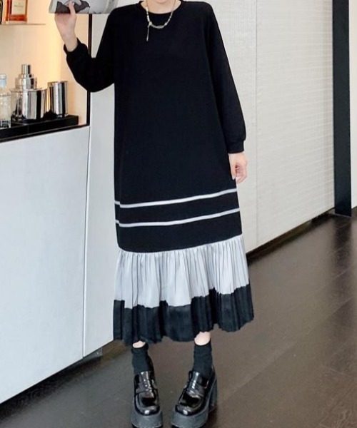Aelina（エリナ）の「クルーネック配色長袖ワンピース（ワンピース・レディース・ブラック・XL/L/XXL）」の3枚目の写真