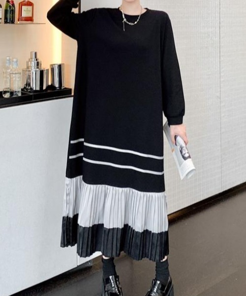 Aelina（エリナ）の「クルーネック配色長袖ワンピース（ワンピース・レディース・ブラック・XL/L/XXL）」の4枚目の写真