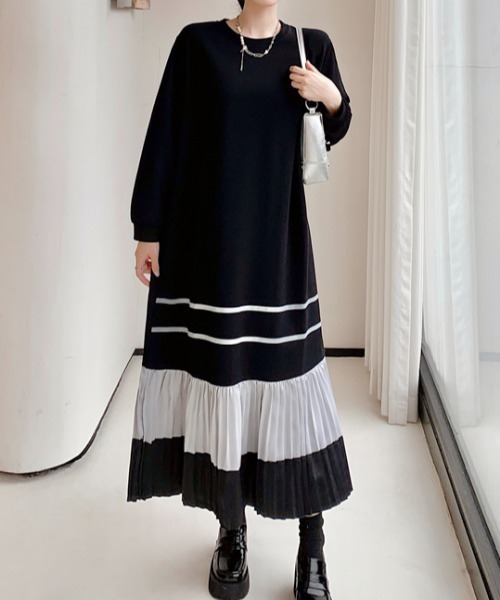 Aelina（エリナ）の「クルーネック配色長袖ワンピース（ワンピース・レディース・ブラック・XL/L/XXL）」の2枚目の写真