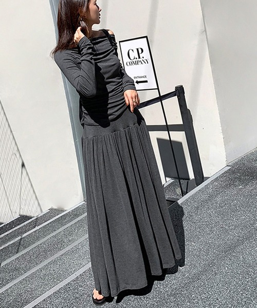 Girly Doll(ガーリードール)の「セットアップ カットソーとロングスカートセット(セットアップ・レディース・ブラック/ダークグレー・F)」の8枚目の写真