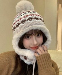 SHEENA（シーナ）の「ふわふわファー付きノルディック柄ニットフライトキャップ（ニットキャップ/ビーニー・レディース）」