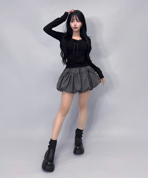 FOLLOWIN（フォロウィン）の「【インナーパンツ仕様】バルーン＆リボンデイテイルミニスカート（スカート・レディース・グレー/ブラック/ホワイト・LARGE/MEDIUM/SMALL）」の18枚目の写真